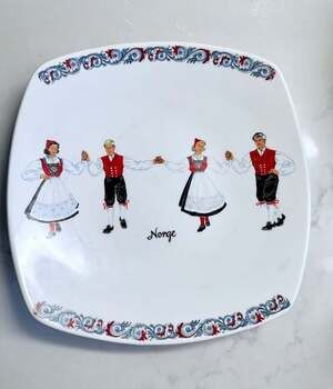 Vintage Figgjo Flint Norway Square Plate with Traditional Norwegian Folk Dancers